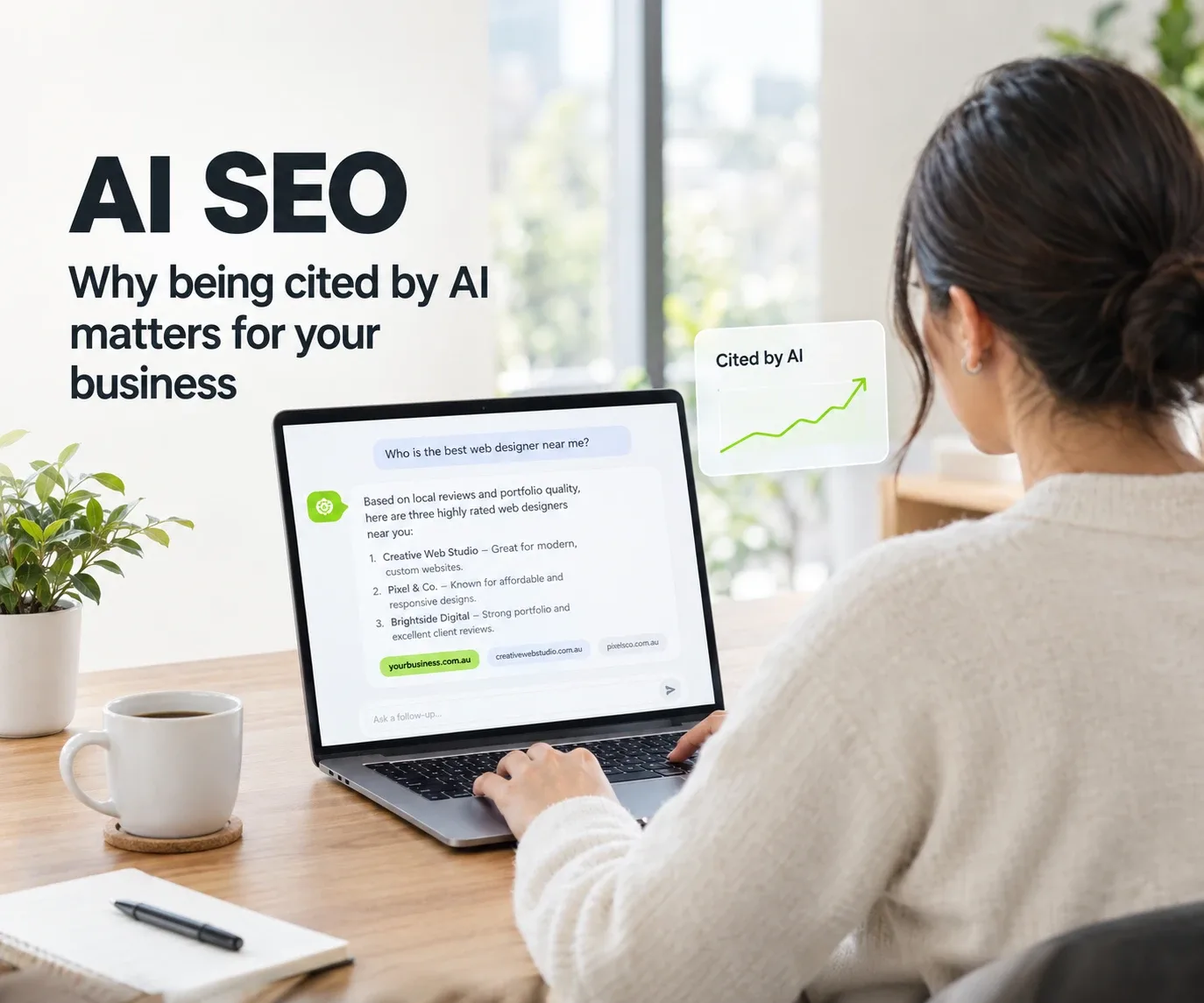 AI SEO: a business owner at a laptop asking an AI assistant for a web designer, with the answer citing a business website as a source