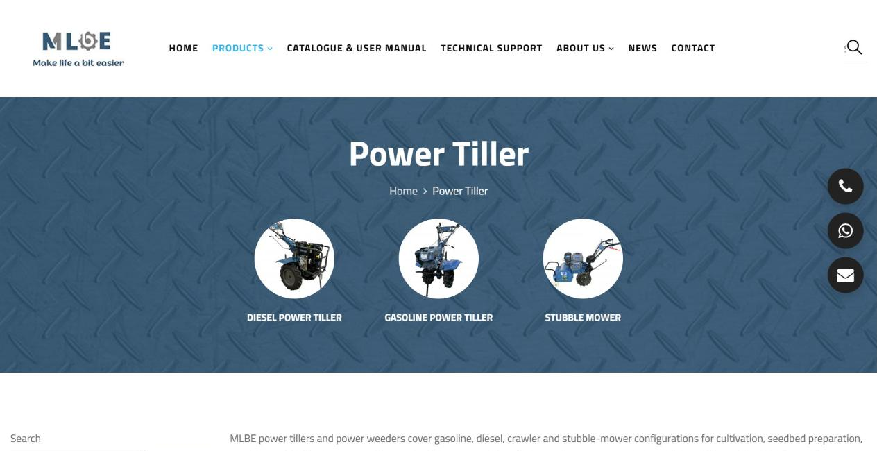 Screenshot of the power tiller category page on mlbepower.com, showing diesel power tiller, gasoline power tiller and stubble mower sub-categories, with phone, WhatsApp and email buttons at the side