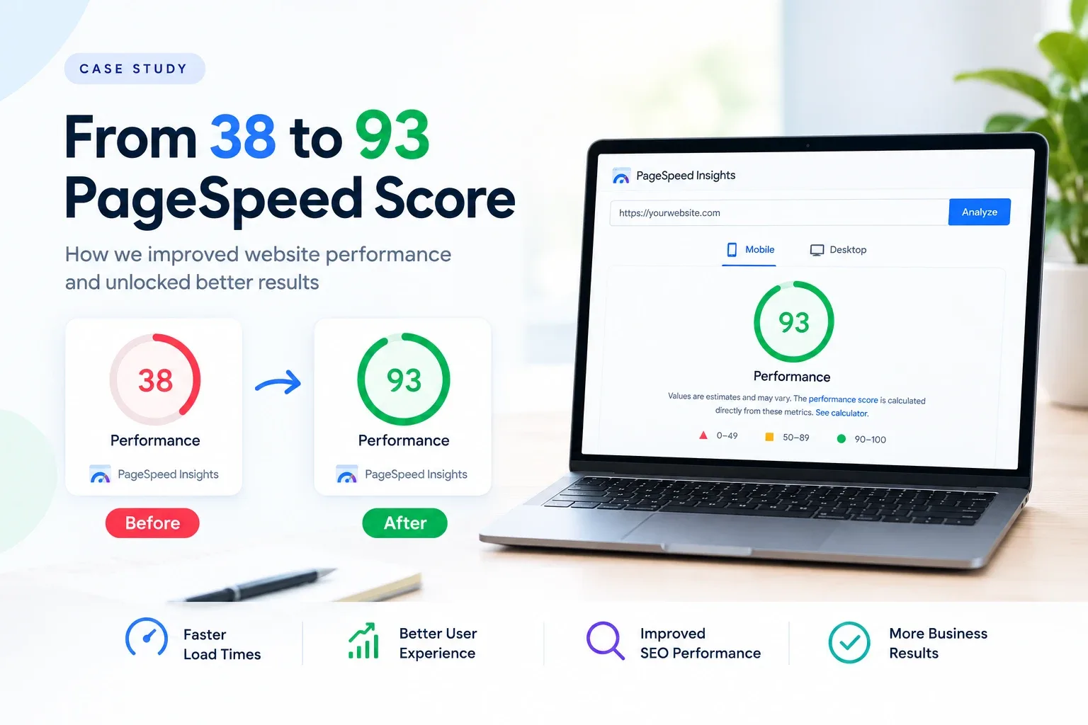 Case study: PageSpeed Insights performance score going from 38 before to 93 after, shown beside a laptop with the result